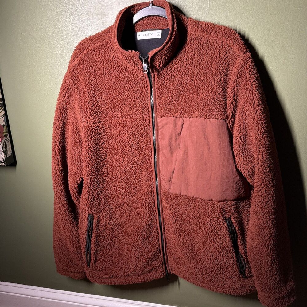 Hill City Mens Sherpa Fleece Full Zip Jacket Large Brown Deep Pile Coat